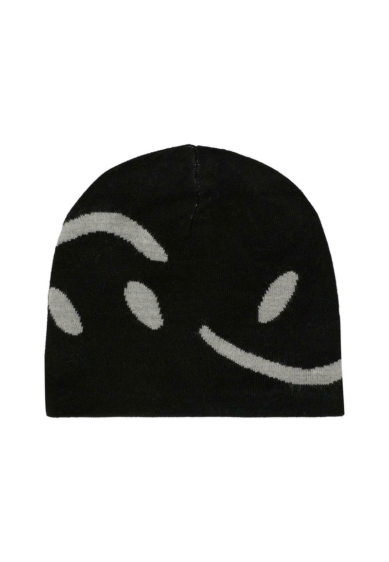 Czarna dzianinowa czapka z wyszytymi w abstrakcyjne zakrzywione i owalne szare kształty.