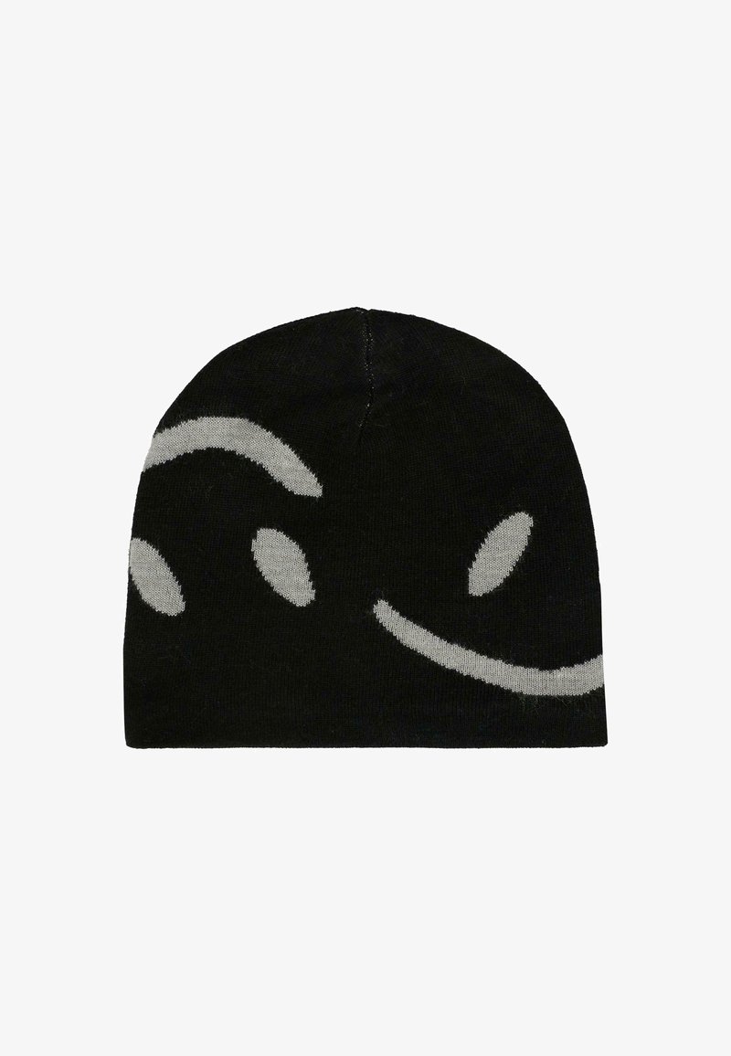 Czarna dzianinowa czapka z wyszytymi w abstrakcyjne zakrzywione i owalne szare kształty.