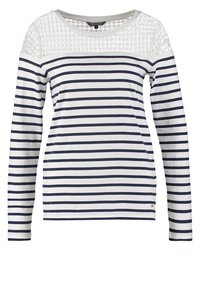 Långärmad skjorta med vita och marina ränder, med en texturerad spetsöverkänsla och rund halsringning i ett mjukt bomullsblandat tyg.