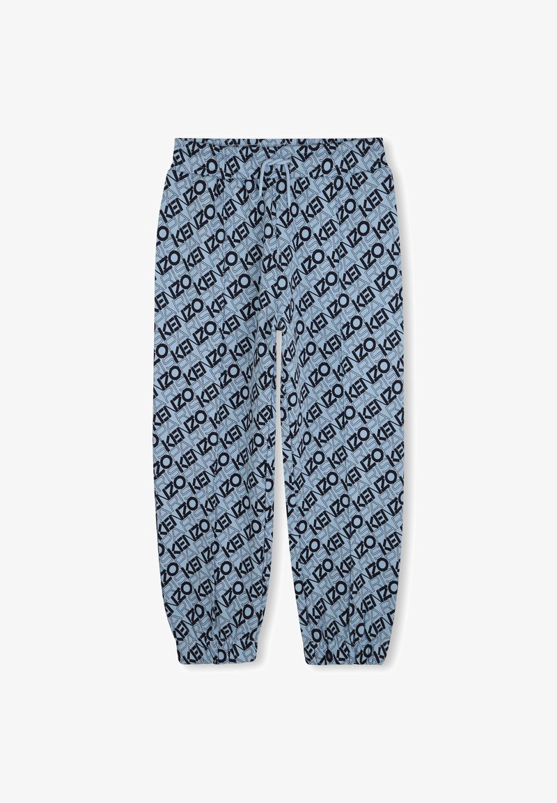 Pantalons de survêtement bleu clair avec un motif répétitif du logo KENZO en noir. Taille élastique avec cordon de serrage et poignets élastiques aux chevilles.
