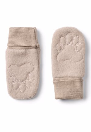 Beige Wollfäustlinge mit gerippten Bündchen und gestickten Pfotenabdruck-Motiven auf der Rückseite, flach auf einem weißen Hintergrund liegend.