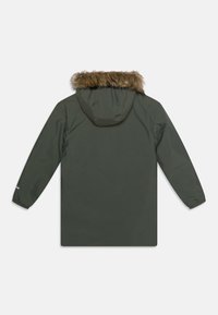 Tume roheline parka, millel on karvane kapuuts, pikad varrukad, elastsed mansetid ja sile tekstuur. Omab minimalistlikku disaini, ilma nähtava riistvarata.