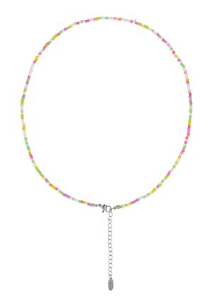 Delikatny naszyjnik typu choker z małymi pastelowymi koralikami w kolorach różowym, żółtym, zielonym i białym, z zapięciem na srebrnego karabińczyka i przedłużką.