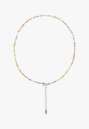 Delicato girocollo con piccole perline pastello in rosa, giallo, verde e bianco, con chiusura a moschettone in argento e catenina di estensione.