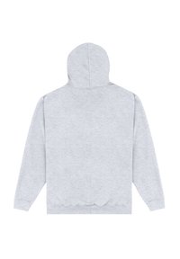 Grå sweatshirt med huva, tillverkad av mjukt tyg. Har långa ärmar och en avslappnad passform, med en nederkant som sitter vid midjan.