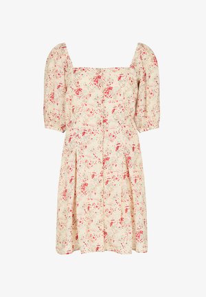 Cremefarbenes Kleid mit halblangen Puffärmeln, quadratischem Ausschnitt, Knopfleiste vorne und rotem Blumenmuster.