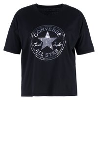 T-shirt noir à manches courtes avec logo Converse All Star argenté brillant et étoile centrée sur le devant.