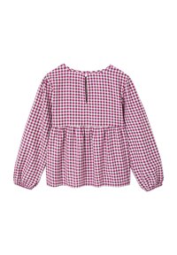 Gestreifte Peplum-Bluse in Lila und Weiß mit langen Ärmeln, Rundhalsausschnitt und Knopfverschluss am Rücken. Weicher, leichter Stoff mit Raffung.