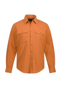 Langärmliges Shirt aus orangefarbenem Stoff mit glatter Textur. Verfügt über zwei Brusttaschen, eine Knopfleiste und einen abgerundeten Saum.