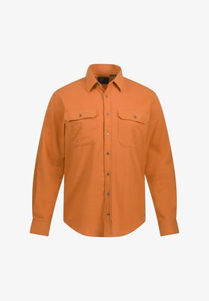 Langsleeve shirt in oranje stof met een gladde textuur. Beschikt over twee borstzakken, een button-down voorkant en een afgeronde onderkant.