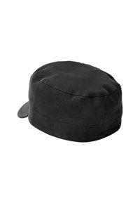 Black cap featuring a rounded shape, fabric texture, and a small visor on one side for added functionality. No visible patterns or accents.