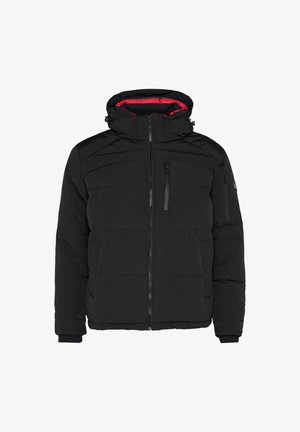 Black padded jacket with a hood, featuring a zip front, two side pockets, and a red interior lining. Textured fabric and elastic cuffs.