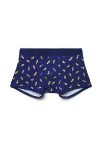 Boxer di colore blu navy con un delicato motivo di uccelli gialli, dotati di una morbida vita elastica e di un taglio aderente e sartoriale.