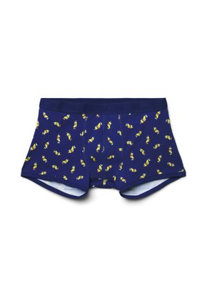 Boxer di colore blu navy con un delicato motivo di uccelli gialli, dotati di una morbida vita elastica e di un taglio aderente e sartoriale.