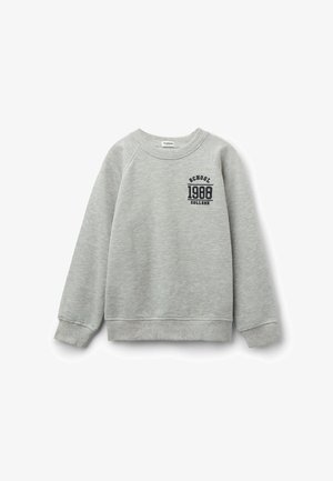 Felpa grigia con polsini e orlo a coste. Presenta un colletto rotondo e una stampa sul petto anteriore che reca la scritta "SCHOOL 1988 COLLEGE" in blu scuro.