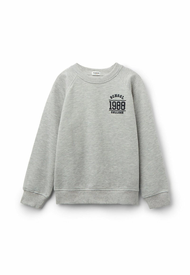 Grauer Sweatshirt mit gerippten Ärmelbündchen und Saum. Es hat einen runden Halsausschnitt und einen Frontdruck auf der Brust, der "SCHOOL 1988 COLLEGE" in Dunkelblau zeigt.