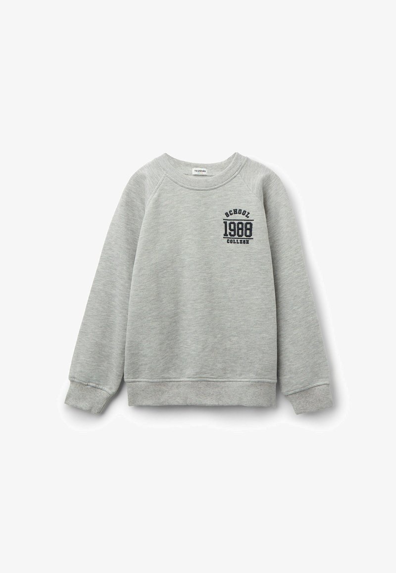 Grauer Sweatshirt mit gerippten Ärmelbündchen und Saum. Es hat einen runden Halsausschnitt und einen Frontdruck auf der Brust, der "SCHOOL 1988 COLLEGE" in Dunkelblau zeigt.