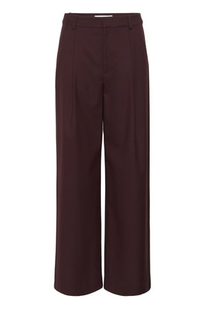 Pantalones de pierna ancha en burdeos profundo, fabricados con una tela suave. Presentan una cintura alta con pliegues y simples pasadores para un look ajustado.