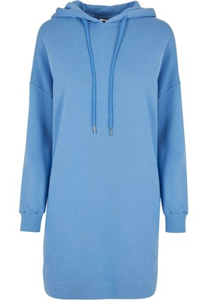 Blå hettekjole laget av myk stoff, med lange ermer, en løs passform, og snoretilpasning i hetten.