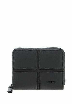 Portefeuille en cuir noir à surface texturée, doté d'une fermeture éclair et de quatre sections rectangulaires embossées sur le devant. Logo embossé dans un coin.