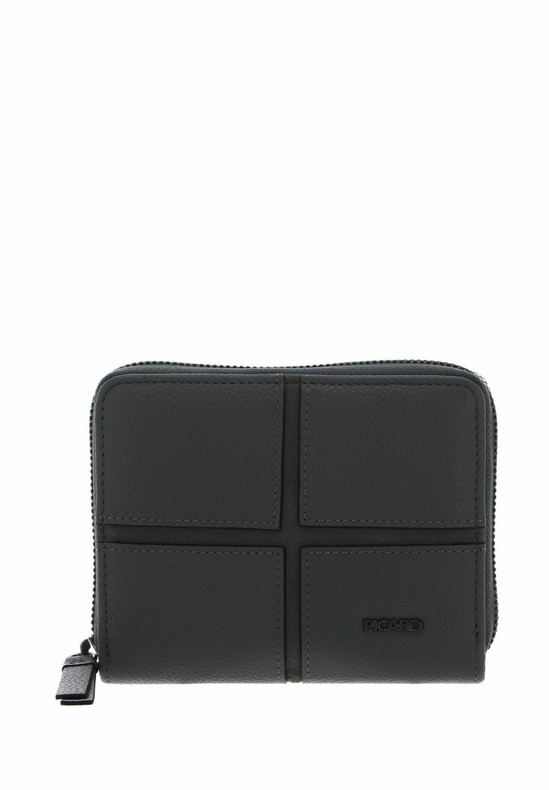 Portefeuille en cuir noir à surface texturée, doté d'une fermeture éclair et de quatre sections rectangulaires embossées sur le devant. Logo embossé dans un coin.