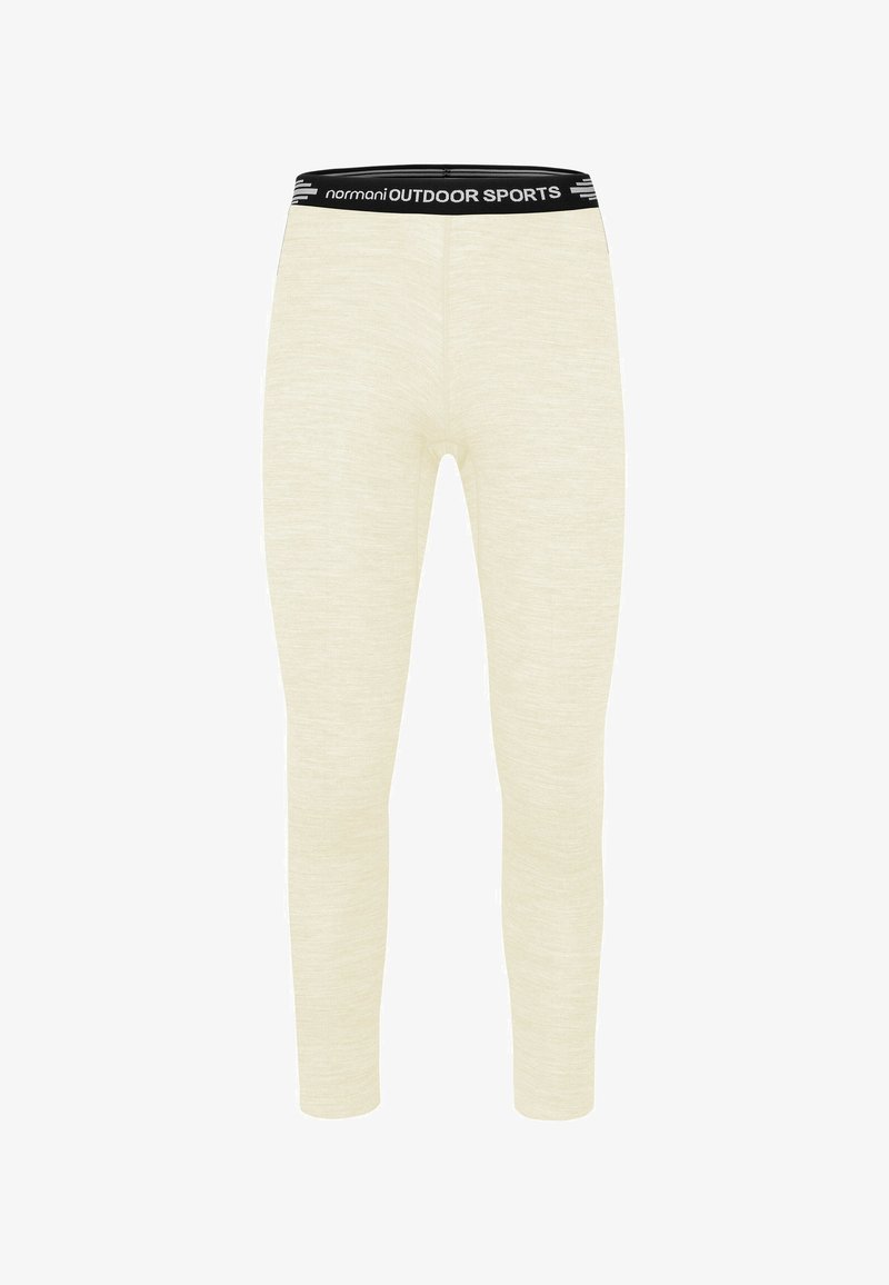 Beige lange Sportleggings mit einem schwarzen Bund, auf dem "normani OUTDOOR SPORTS" steht, entworfen für Aktivitäten im Freien.