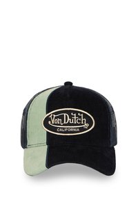 Cap featuring a mix of dark navy and light green corduroy panels, with a prominent oval Von Dutch logo stitched in beige. Mesh back design.