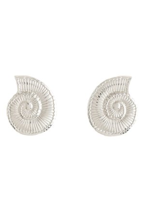 Pair of silver spiral shell-shaped earrings with ridged texture on a white background.