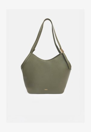 Sac bandoulière en cuir vert olive avec une bandoulière réglable et un logo "RAID" doré à l'avant, finition lisse et bord supérieur incurvé.
