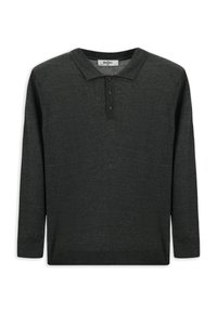 Ciemnozielona, długo-sleeve polo koszulka z dzianiny, z kołnierzykiem i zapięciem na trzy guziki. Gładka tekstura z ściągaczami przy mankietach i dole.