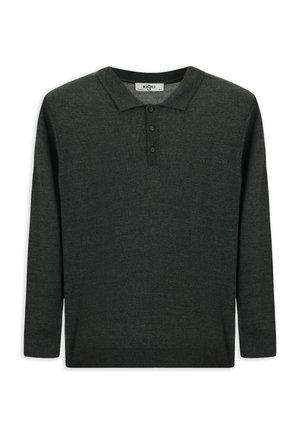 Dunkelgrünes Langarm-Polohemd aus Strickstoff mit einem Kragen und einer dreifachen Knopfverschluss. Glatte Textur mit gerippten Bündchen und Saum.