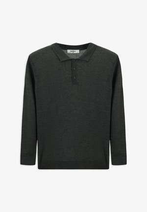 Dunkelgrünes Langarm-Polohemd aus Strickstoff mit einem Kragen und einer dreifachen Knopfverschluss. Glatte Textur mit gerippten Bündchen und Saum.