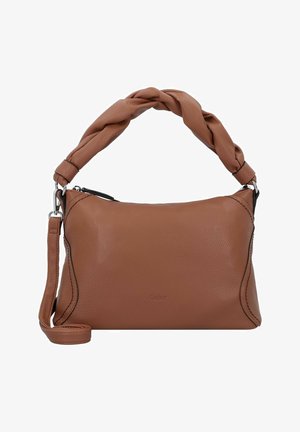 Sac en cuir brun avec une surface texturée et une poignée tressée. Équipé d'une bandoulière réglable et d'une fermeture zippée sur le dessus.