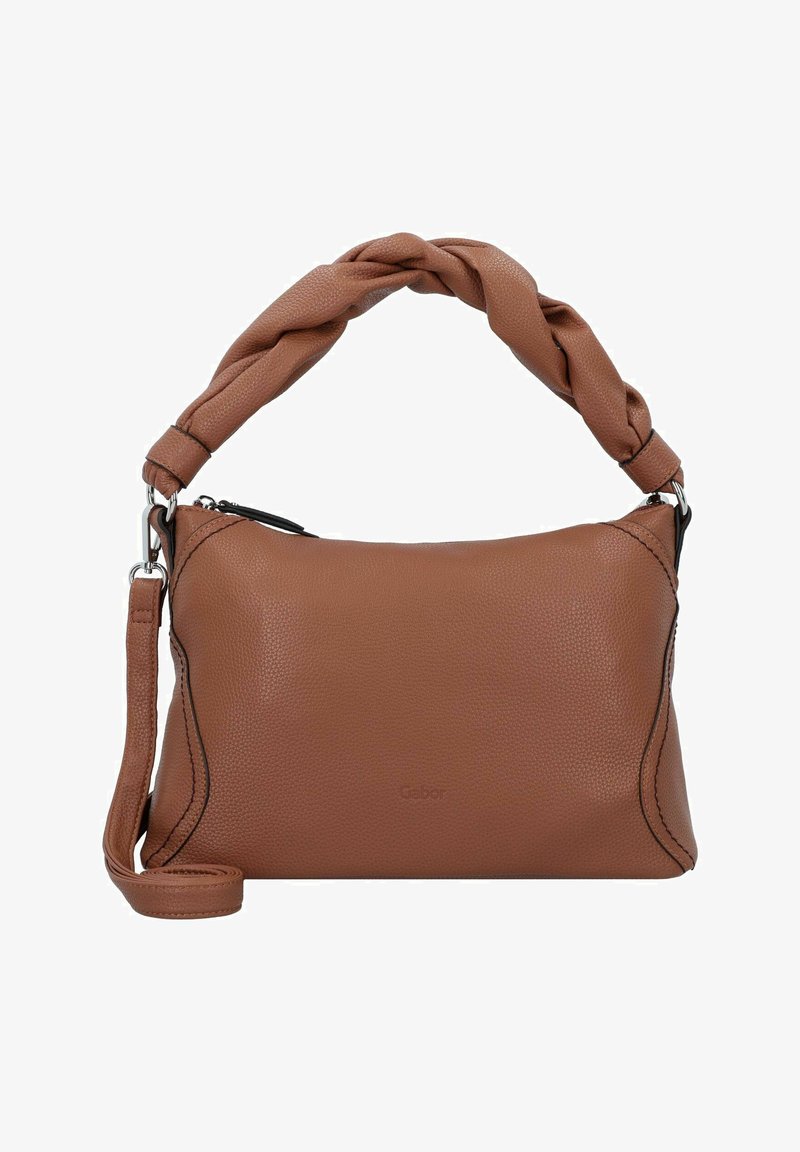 Borsa in pelle marrone con superficie testurizzata e manico intrecciato. Presenta una tracolla regolabile e una chiusura superiore con zip.