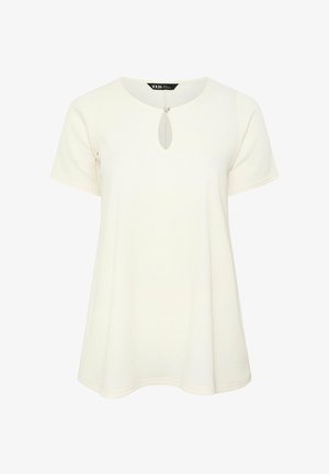 Witte blouse met korte mouwen en een gestructureerde stof, voorzien van een ronde halslijn en een sleutelgatvormig hartdetail aan de voorkant in het midden.