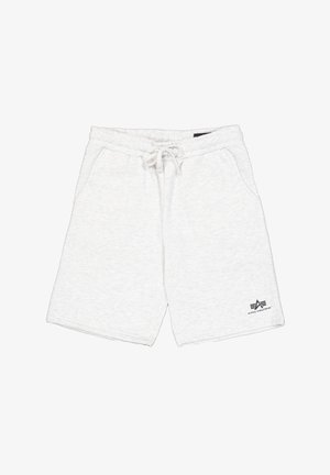 Pantaloni corti in cotone grigio chiaro con vita regolabile tramite cordoncino, tasche laterali e logo stampato in nero sulla parte bassa della gamba sinistra. Design morbido e casual.