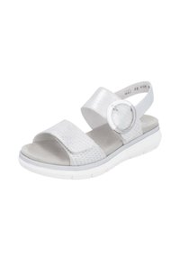 White sandal with two adjustable straps, one featuring a round metallic buckle; textured upper and padded insole; thick white outsole.