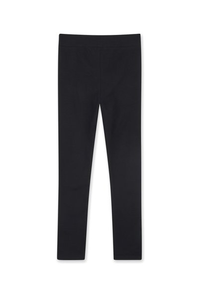 Leggings noirs d'une couleur unie, fabriqués dans un tissu lisse et extensible. Ils présentent une taille haute sans coutures visibles ni ornements.