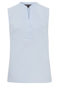 Haut sans manches bleu clair avec un col mandarin et une demi-patte. Fabriqué en tissu lisse avec une coupe droite et des coutures latérales.