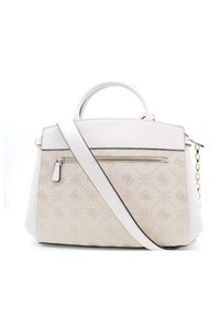 Usztywniana torebka w kolorze kremowym z tonowanym monogramem. Posiada górną rączkę oraz odpinany pasek na ramię, wyróżniona kieszenią na zamek.