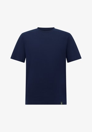 T-shirt blu navy a maniche corte realizzato in cotone, con scollatura rotonda e un piccolo etichetta verde a contrasto sull'orlo. Design semplice.