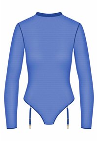 Bodysuit à manches longues en tissu bleu uni, avec un col haut, une forme ajustée et des bretelles réglables avec quincaillerie dorée en bas.