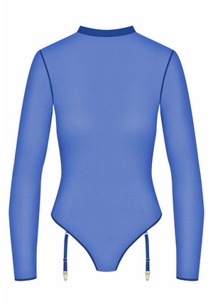 Bodysuit à manches longues en tissu bleu uni, avec un col haut, une forme ajustée et des bretelles réglables avec quincaillerie dorée en bas.