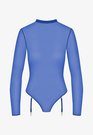 Bodysuit à manches longues en tissu bleu uni, avec un col haut, une forme ajustée et des bretelles réglables avec quincaillerie dorée en bas.