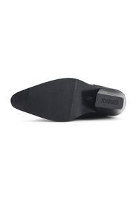 Black shoe sole with a smooth, rounded design, featuring a textured pattern and embossed branding. Flat, durable material with no visible wear.