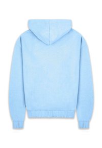 Light blue hoodie with a soft, textured fabric. Features a kangaroo pocket, ribbed cuffs, and waistband. Designed with a hood.