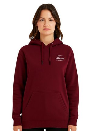 Sweat à capuche bordeaux avec une poche kangourou à l'avant, une capuche avec cordon de serrage, et un logo "ellesse" blanc. Confectionné dans un tissu chaud et texturé.