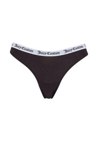 Zwarte katoenen string met een witte elastische tailleband waarop "Juicy Couture" in het zwart is gedrukt. Gladde textuur met een minimalistische bedekking.