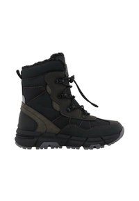 Botas de invierno negras aislantes con detalles en gris, tejido impermeable, suela resistente, diseño con cordones y forro de piel sintética en la parte superior.
