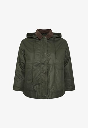 Olivgrüne Kapuzenjacke mit einem braunen Cordkragen, vorderen Druckknopfverschlüssen, zwei aufgesetzten Taschen und einem lässigen Schnitt. Glatte Textur.